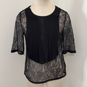 BCBG Maxazria Small Black Sheer Floral Lace Pintuck Blouse Top ~ Y2K 90’s Witchy